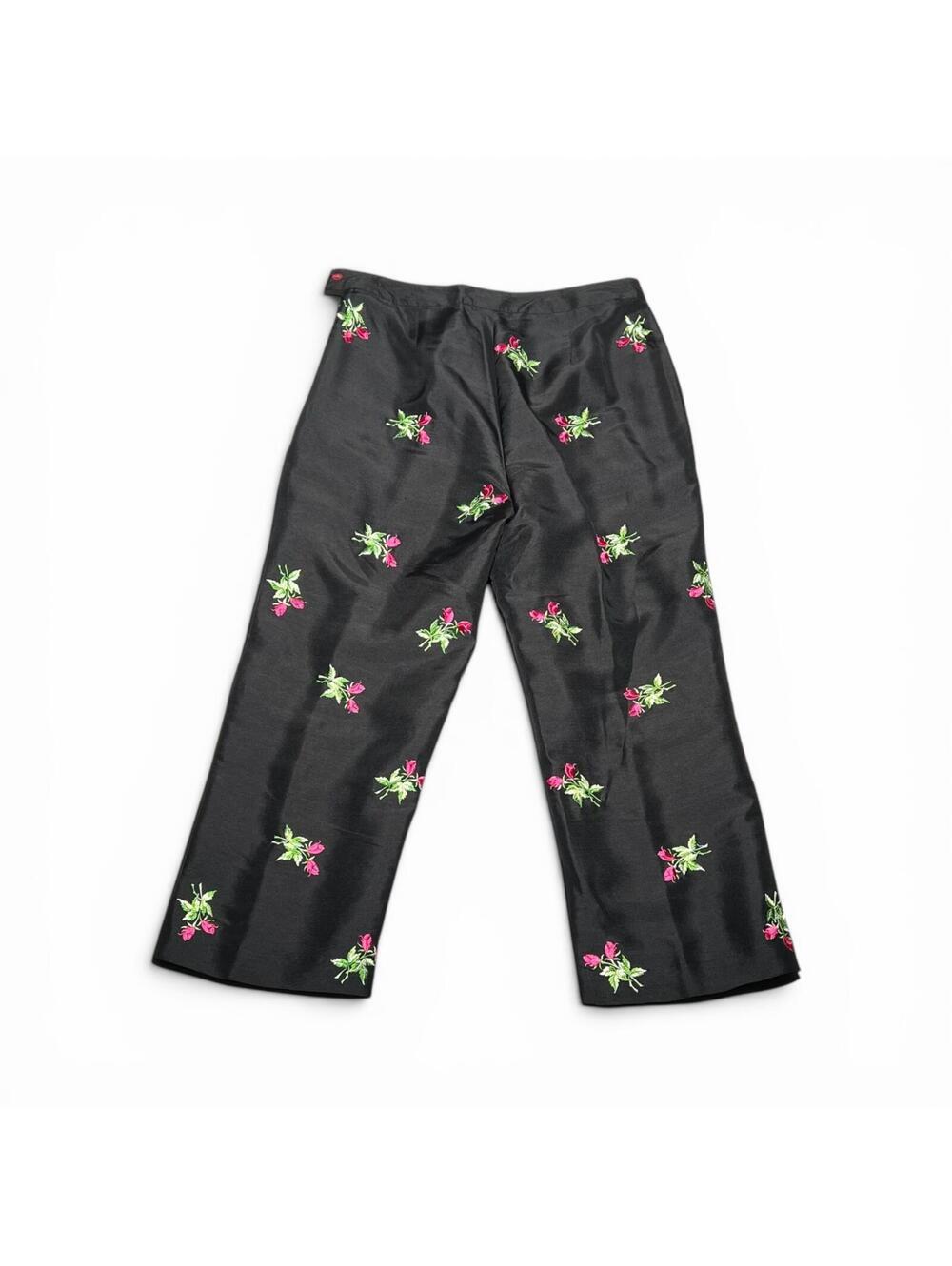 Vintage Y2K Black Silk Floral Embroidered Pleated Trousers Size 6 - Picture 2 of 4